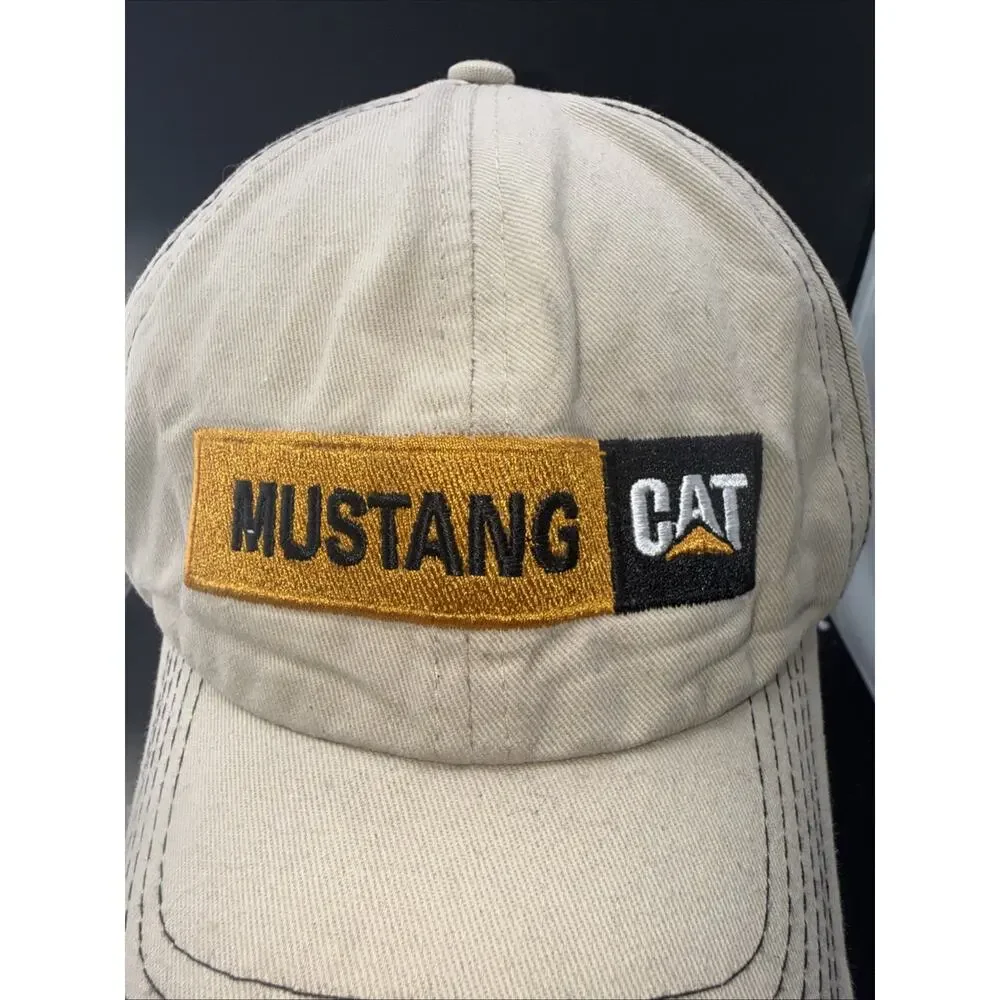 Mustang CAT Baseball Hat Khaki Texas Flag Adjustable Hook & Loop Caterpillar Cap